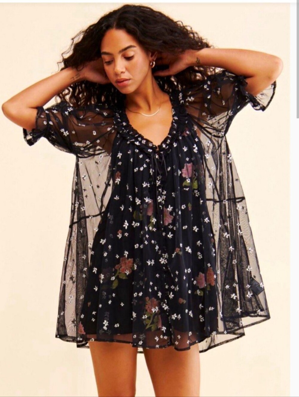 Free People Floral Embroidered Mesh Minidress Witchy Fairycore Whimsygoth 90s M